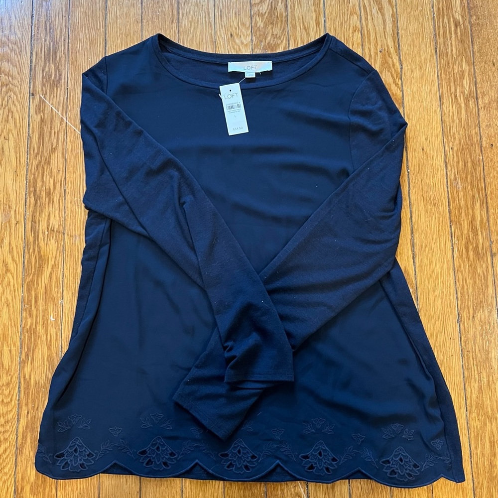 NWT Loft blue long sleeve with lace detail; L